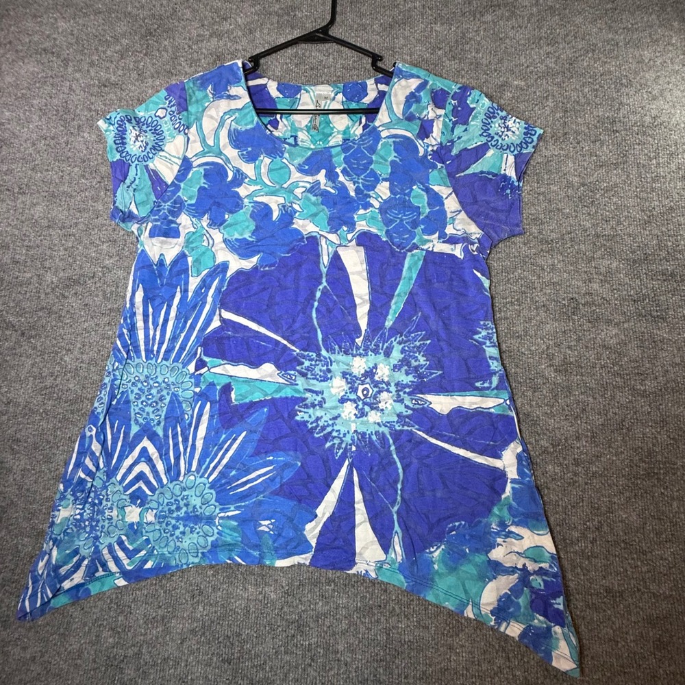 Lulu-B Womens Blue Floral Sharkbite Hem Tunic Top Short Sleeve Size M